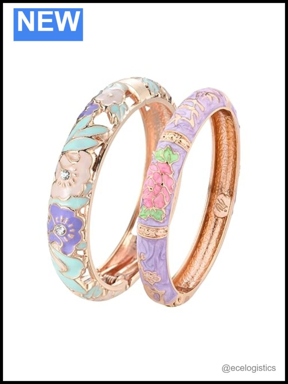 Cloisonne Enamel Hinged Cuff Bracelet Set Rhinestone Rose Bangle Gift